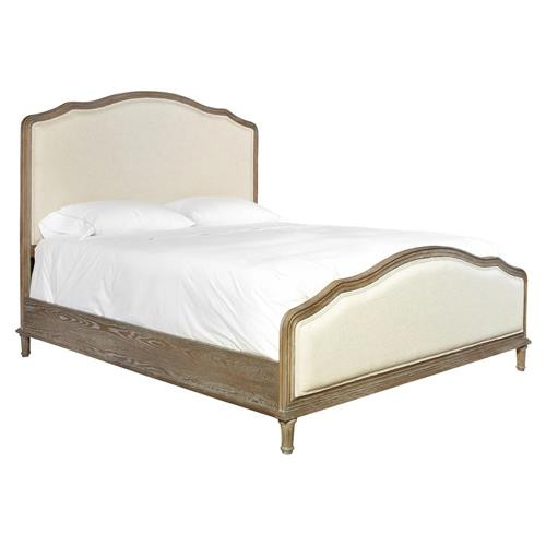 Yuri French Country Beige Upholstered Brown Wood Classic Bed - Queen | Kathy Kuo Home