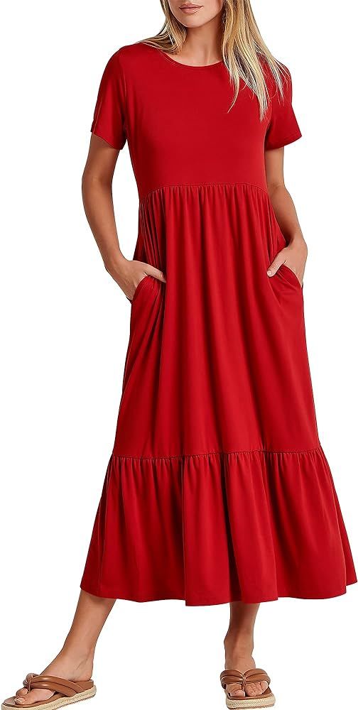 ANRABESS Women's Summer Casual Short Sleeve Crewneck Swing Dress Flowy Tiered Maxi Beach Dress wi... | Amazon (US)