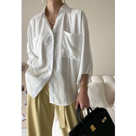 Button Down Bubble Sleeve Shirt in White | Chicwish