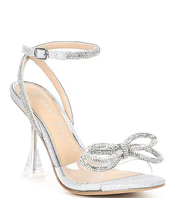 Gianni Bini Haydn Glitter Rhinestone Bow Ankle Strap Clear Dress Heels | Dillard's | Dillard's