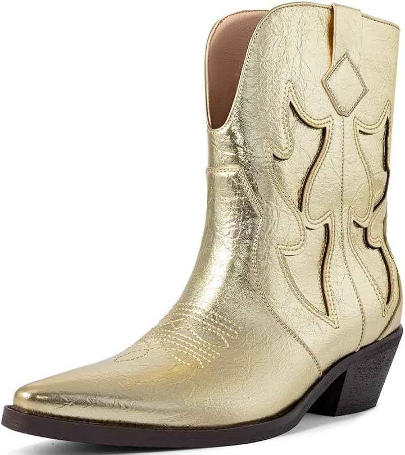 Metallic Cowboy boots for Women Embroidered Pointed Toe Cowgirl Boots Chunky Heel Pull-On Short W... | Amazon (US)