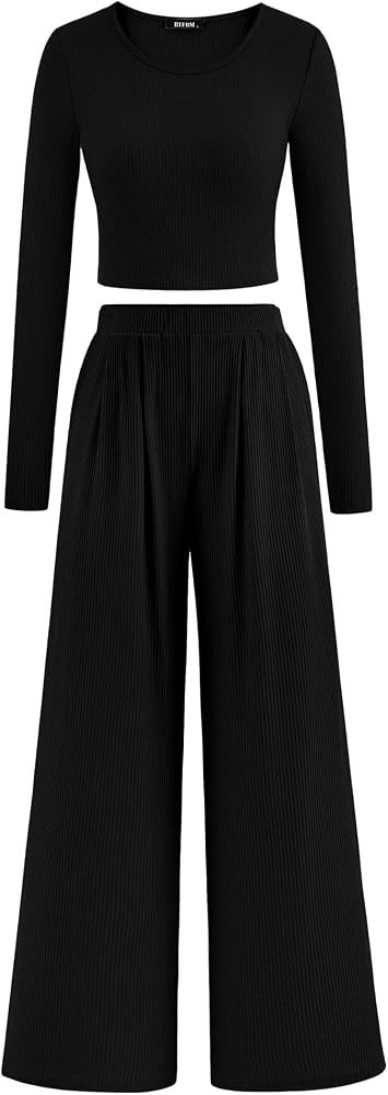 BTFBM Women's Two Piece Lounge Set Long Sleeve Bodycon Ribbed Knit Crop Top Loose Wide Leg Pant C... | Amazon (US)