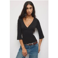 Kotn Women's Crossover 3/4 Sleeve Top in Black, Size Small, 100% Egyptian Cotton | Kotn