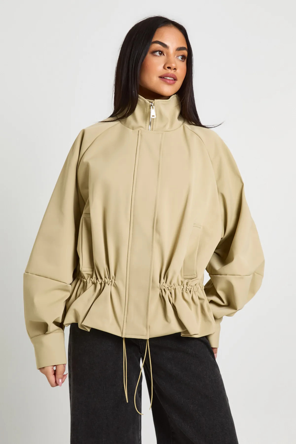 boohoo Women's Cinched Waist Funnel Neck Jacket in Stone | Size: 10 | Boohoo.com (UK & IE)