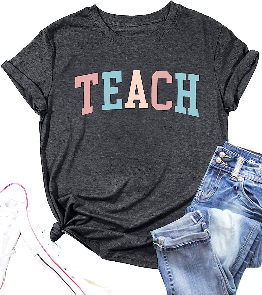 PECHAR Teacher Shirts Women Funny Teach Printed Graphic Tshirt Short Sleeve T-Shirt Blouse Teache... | Amazon (US)