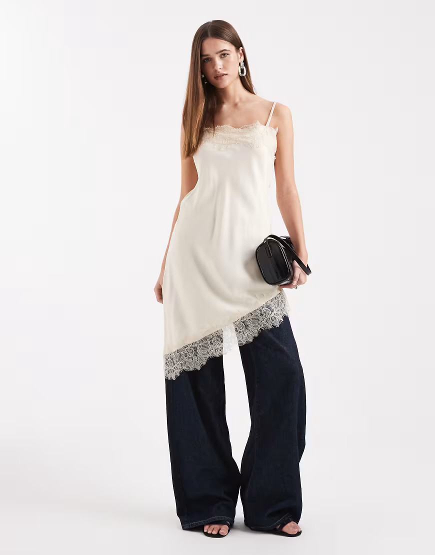 ASOS DESIGN satin lace trim asym mini dress in ecru-White | ASOS (Global)