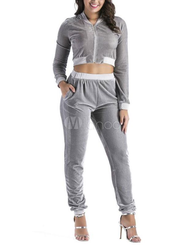 Women Sexy Tracksuit Grey Velvet Long Sleeve Stand Collar Sweatshirt With Long Track Pants | Milanoo