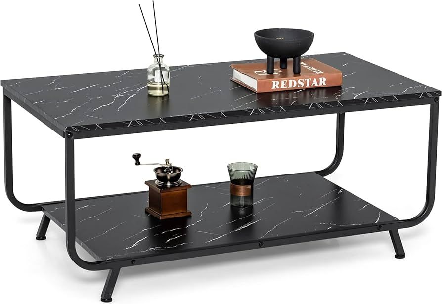 Giantex Marble Coffee Table, 42’’ Modern Faux Marble Top Coffee Table with Metal Frame, 2-Tie... | Amazon (US)