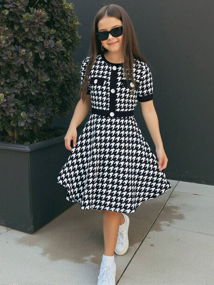 Firerie Kids Firerie Kids Nova Glow Tween Girls' Houndstooth Print Patchwork Button Decor Crew Neck Fitted Elegant Schoolgirl Short Sleeve A-Line Dress, Back To School, Casual Streetwear, Ladylike Style | SHEIN