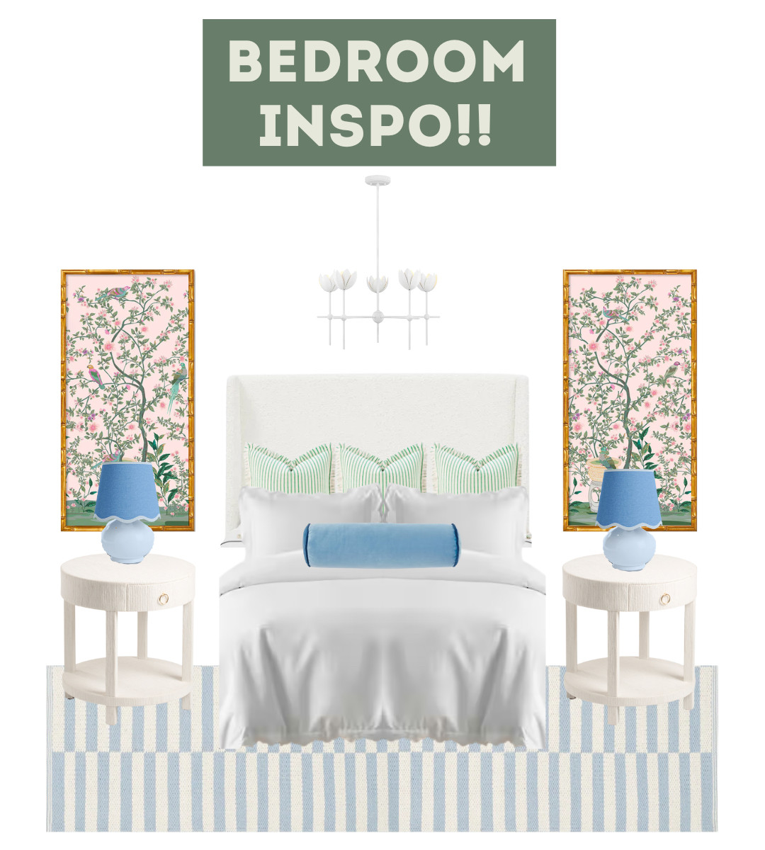 Bedroom Inspo!! So cute and coastal and classic. Bed, pillow, throw, rug, lamps, lamp, art, chandelier, chinoiserie, white, blue, easter, spring, summer, furniture 

 

#LTKSeasonal #LTKHome #LTKStyleTip