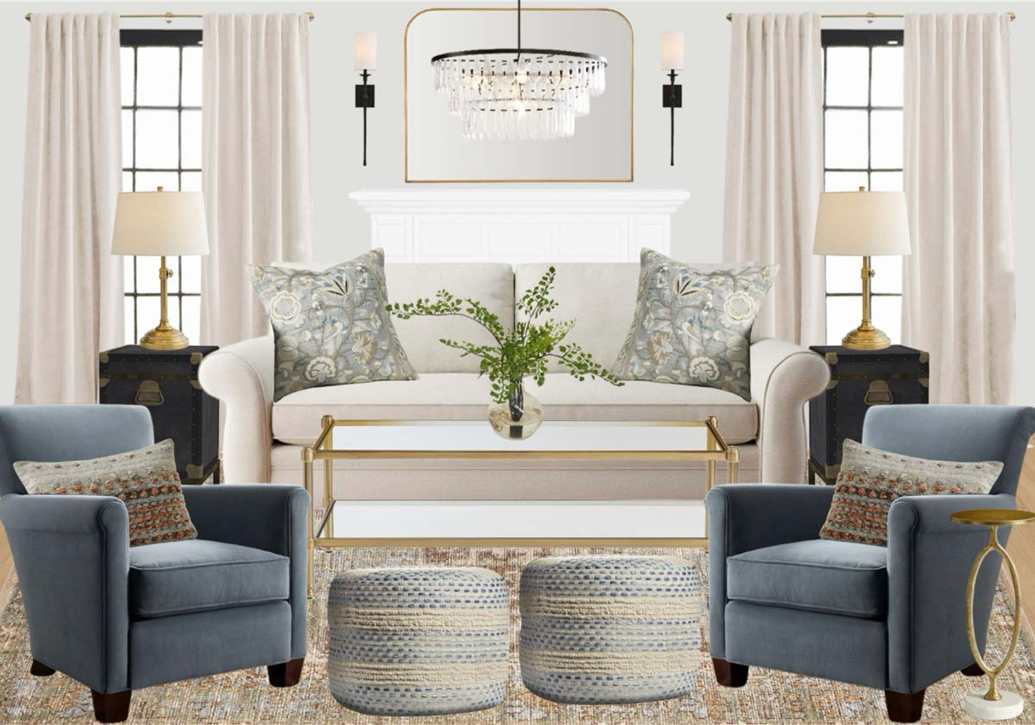 Traditional Living Room Style // Roll Arm Upholstered Sofa, Blue velvet accent chair, gold fireplace mirror, gold lamp, trunk side table, oriental area rug, gold glass coffee table


#LTKhome #LTKover40 #LTKstyletip