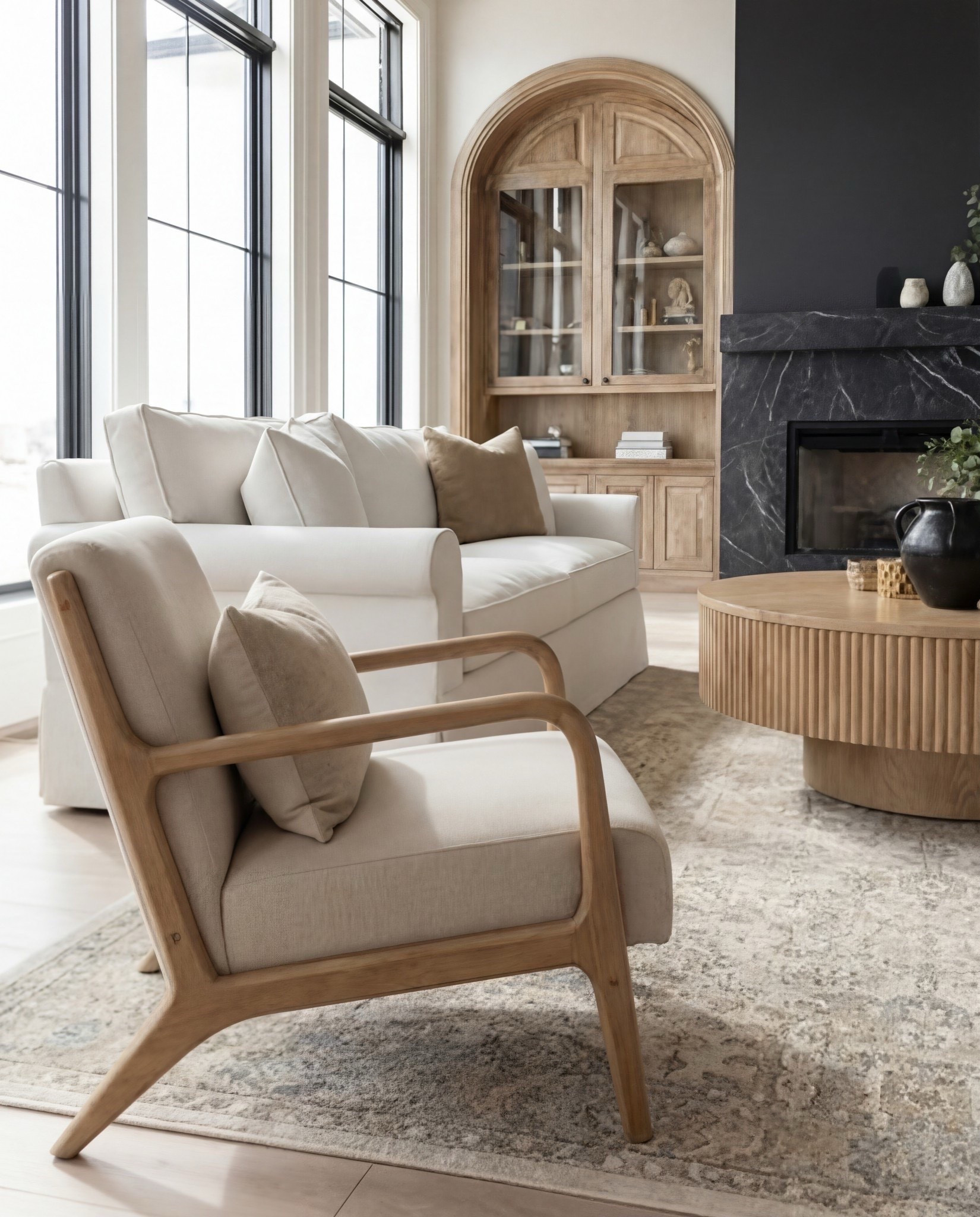 Shop the Look:
• Cream white upholstered sofas
• Light wood upholstered accent chairs
• Round fluted coffee table
• Black stone fireplace surround
• Warm oak arched built-ins
• Neutral patterned area rug
• Textured knit throw
• Ceramic vases + greenery

Follow my LTK @LifestyleM_InteriorDesign on the @shop.LTK app to view this post and get my exclusive app-only content!

#liketkit #LTKHome #LTKFindsUnder100 #LTKSaleAlert
@shop.ltk
https://liketk.it/5HQaY

#LTKHome #LTKSaleAlert #LTKFindsUnder100