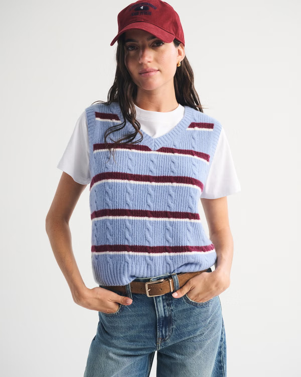 Cable-Knit Merino Wool-Blend V-Neck Sweater Vest | Abercrombie & Fitch (US)