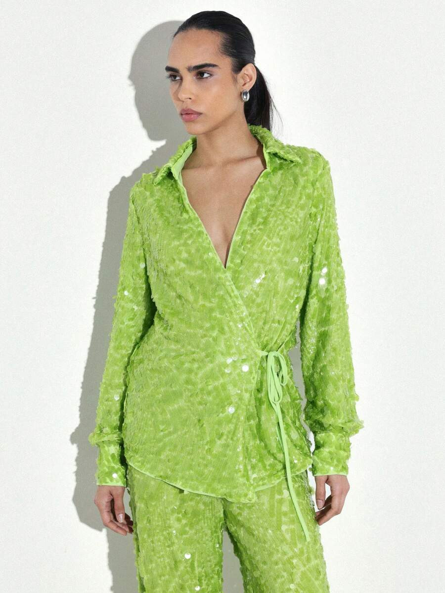 KSTM Women's Long Sleeve Sequin Wrap Blouse With V-Neck And Side Tie Detail For Evening Party Occasions | SHEIN