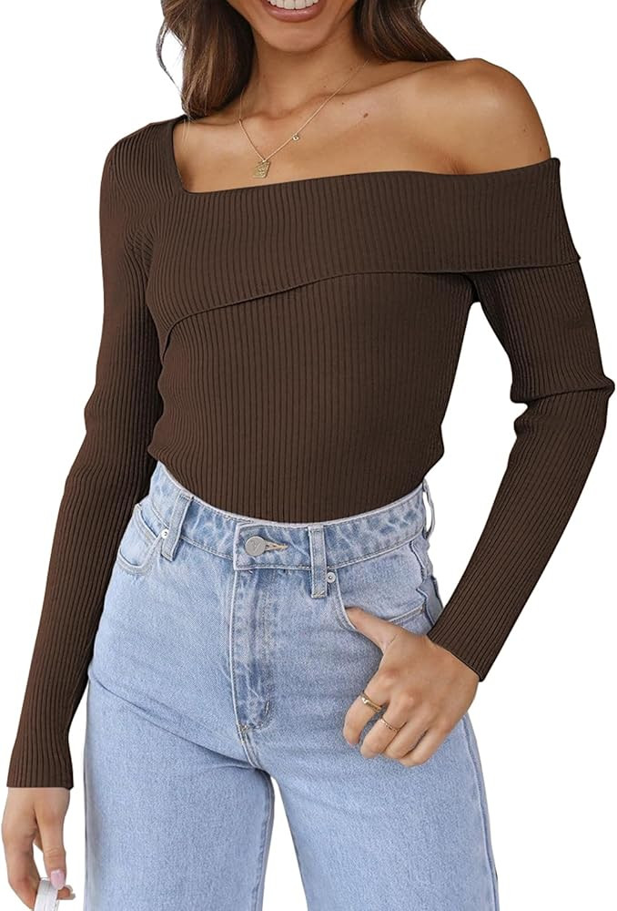 LILLUSORY Womens Off The Shoulder Sweaters Going Out Fall Sexy Knit Pullover Lightweight Asymmetr... | Amazon (US)
