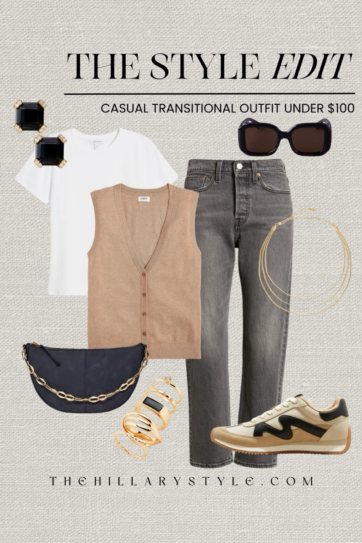 The Style Edit: Casual Transitional Outfit Under $100. Gray denim, sweater vest, white tshirt, sneakers, crossbody bag, ring set, gold necklace set, black sunglasses, black and gold button earrings. Nordstrom, J.Crew, Levi’s, Target, Kate Spade. Later summer outfit, transitional outfit, casual outfit, outfit under $100, gray denim outfit, neutral outfit. 

#LTKStyleTip #LTKSeasonal #LTKFindsUnder100