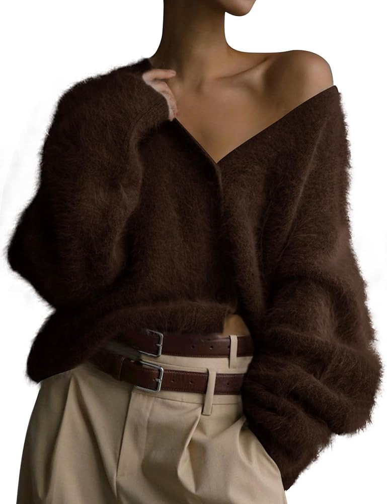 COZYPOIN Womens Fuzzy Cardigan Sweater V Neck Long Sleeve Button Down Soft Furry Top Slouchy Drop... | Amazon (US)