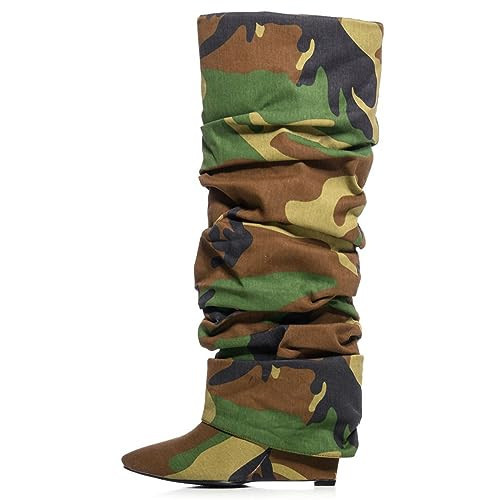 Yishaweiqi Camouflage Slouched Ruched Fold Over Boots for Women Covered Wedge Heel Knee High Boots Wide Calf Pointed Toe Casual Boots | Amazon (US)