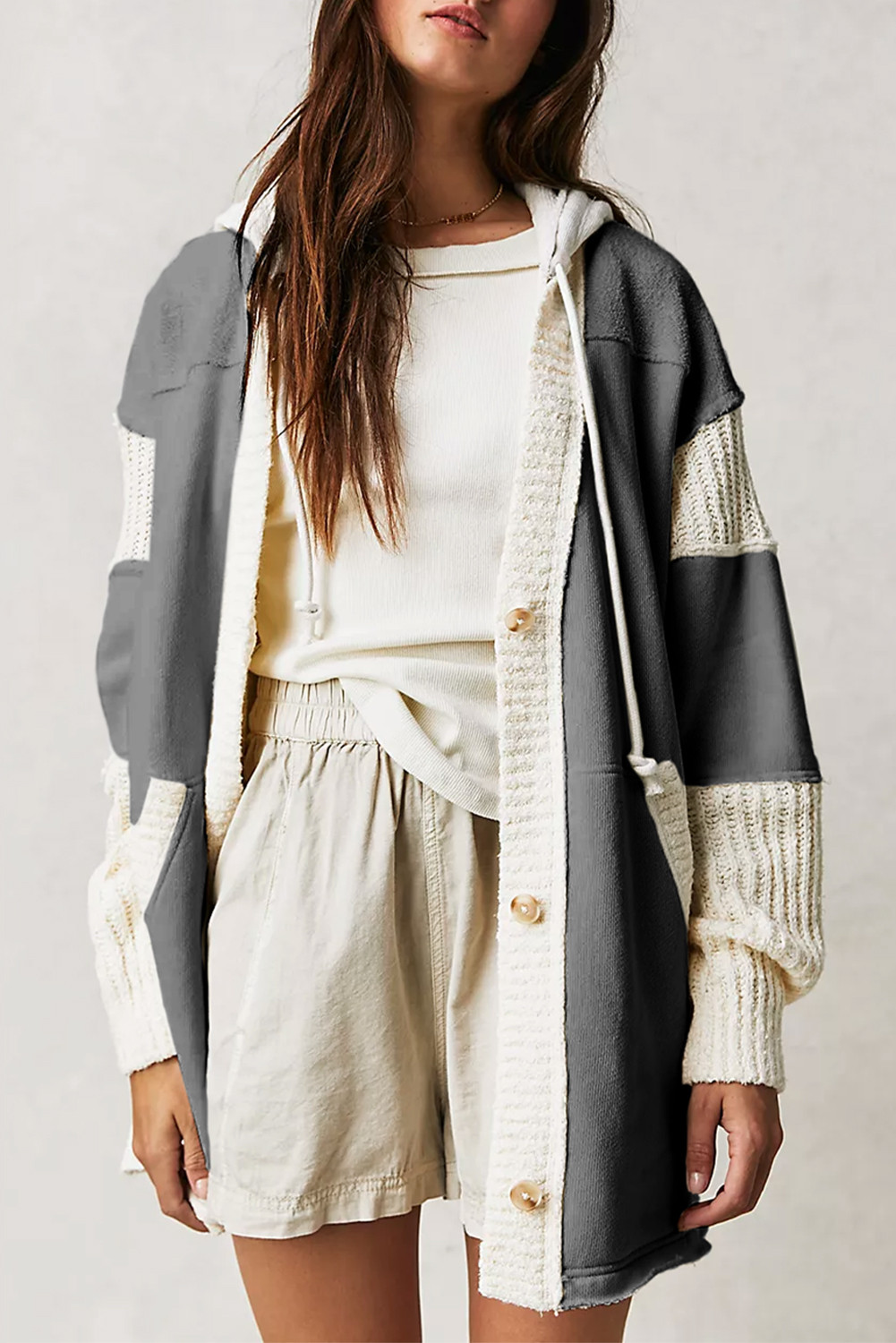 Dark Grey Knitted Patchwork Button Down Hooded Cardigan | Shewin