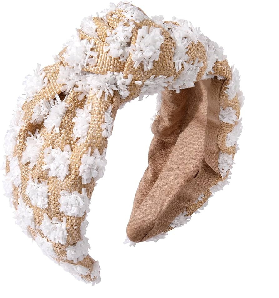 Raffia Knotted Headbands for Women Boho Straw Wide Top Knot Hairband Statement Rattan Woven Pom P... | Amazon (US)