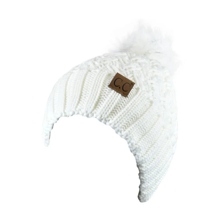 C.C Thick Cable Knit Faux Fuzzy Fur Pom Fleece Lined Skull Cap Cuff Beanie, Lattice Ivory | Walmart (US)