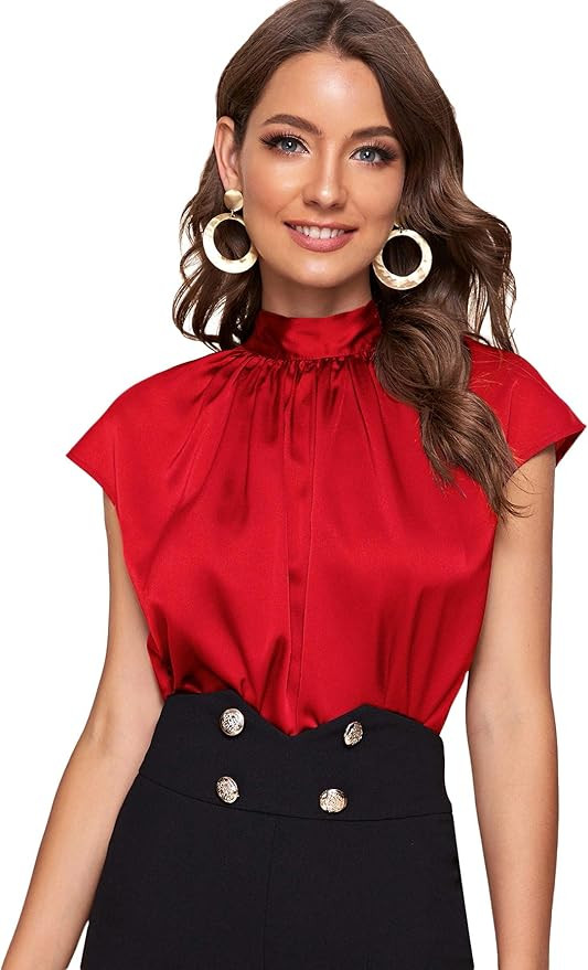 SOLY HUX Women's Mock Neck Satin Silk Short Sleeve Shirt Tie Back Work Blouse Casual Top | Amazon (US)
