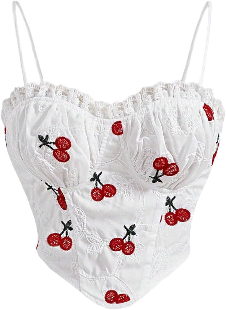 SHENHE Women's Graphic Print Shirred Bustier Sweetheart Frill Trim Camisole Tops | Amazon (US)