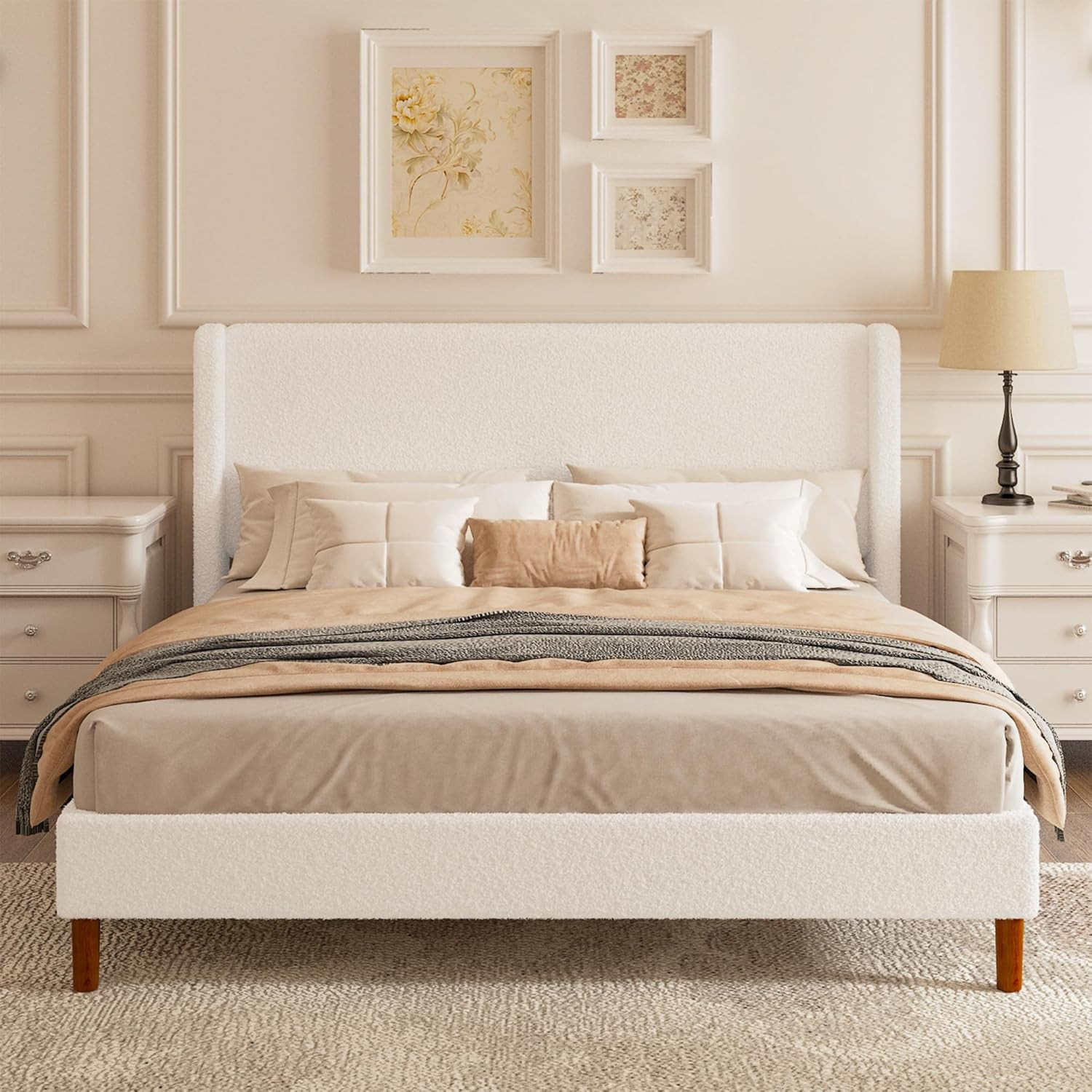King Boucle Upholstered Platform Bed Frame with Adjustable Wingback Headboard, Cloud Bed with Sol... | Amazon (US)