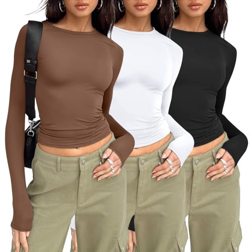 AUTOMET 3 Pack Womens Long Sleeve T Shirts Fall Fashion Basic Going Out Crop Tops Slim Fitted Winter Clothes 2025 Black White Brown M | Amazon (US)
