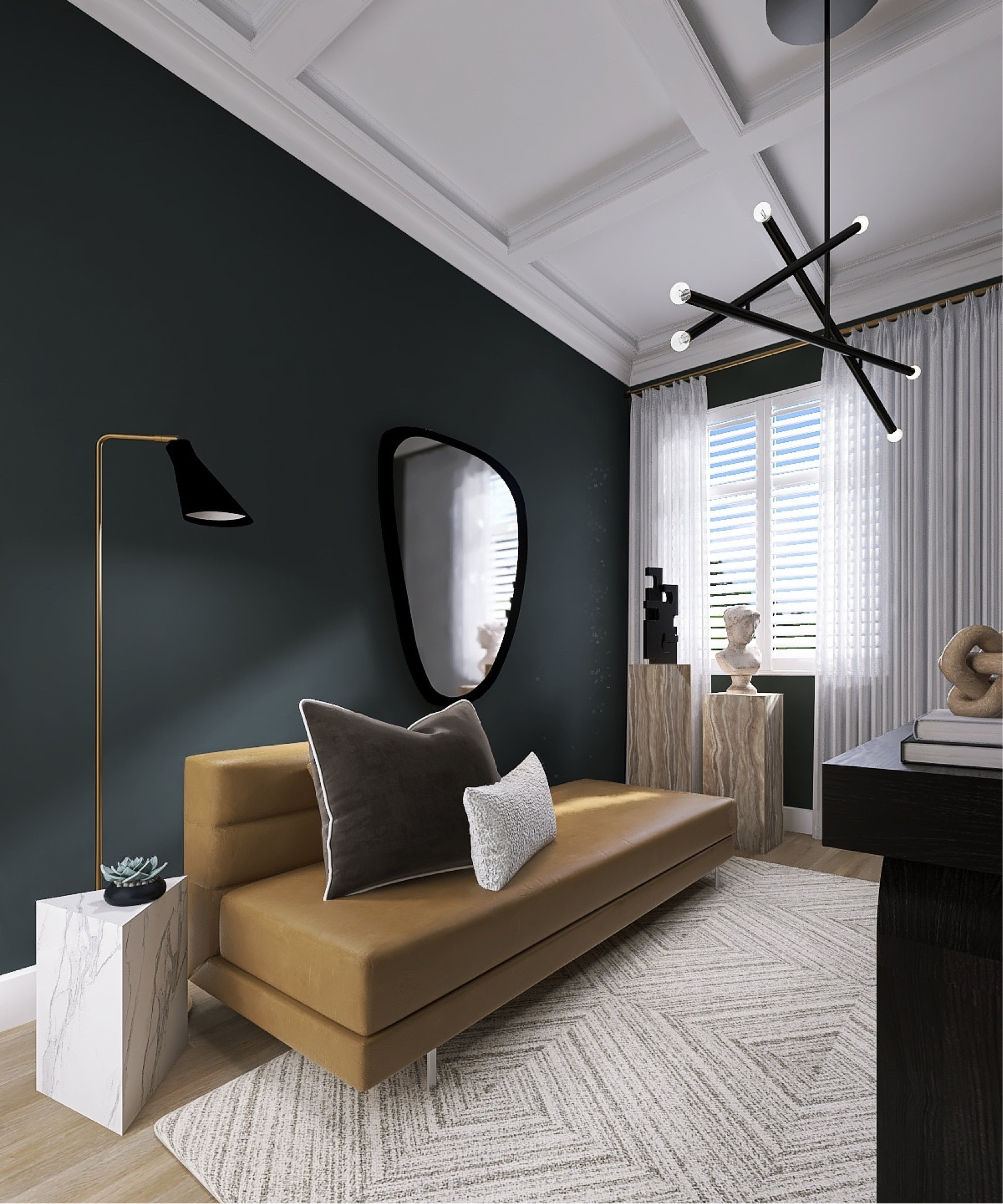 MOODY VIBES  \\  A home office that is seriously fun! Incorporate a lounge chair to rest between video calls and all that typing. For this office, we played with shapes and materials while keeping it minimal and moody. 

#LTKsalealert #LTKhome #LTKstyletip