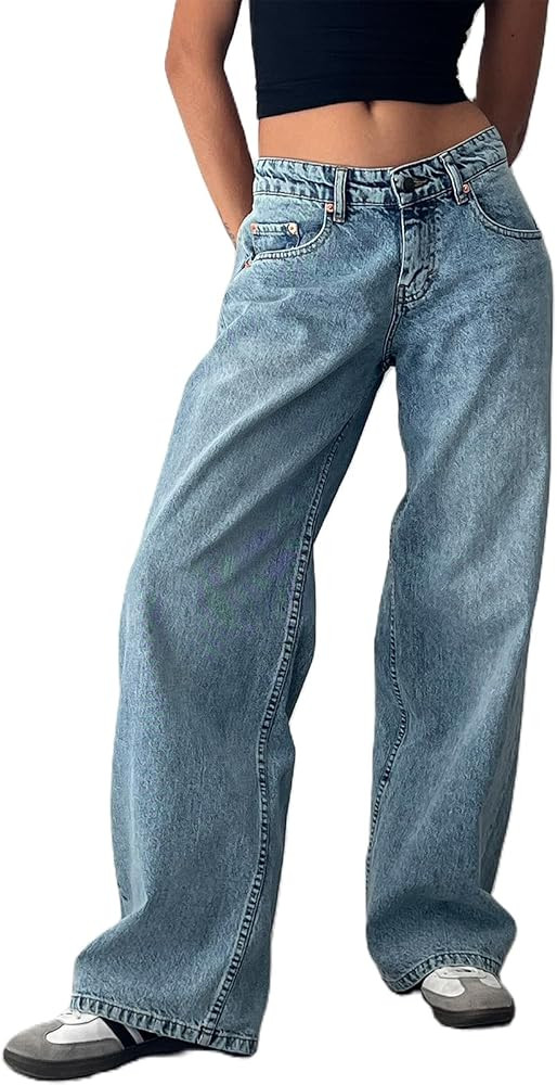 Mxiqqpltky Low Rise Jeans for Women Mom Jeans Wide Straight Leg Baggy Jeans Y2k Vintage Boyfriend... | Amazon (US)
