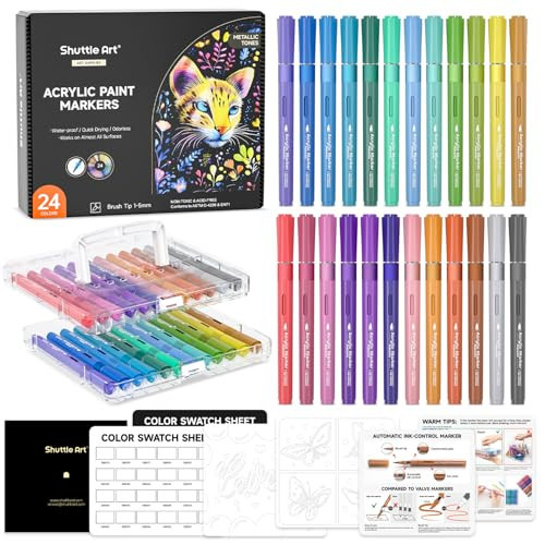 Automatic Ink Control Acrylic Paint Markers, Shuttle Art 24 Metallic Colors Brush Tip Acrylic Paint Pens for Rock Painting, Ceramic, Wood, Canvas, Glass, Stone, Fabric, Card Making, DIY & Art Supplies | Amazon (US)