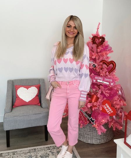 Valentines Outfit from Pink Lily! 💘 Pink denim jeans and purple heart sweater are under $45. Pink Nikes from Nordstrom under $90.

#LTKunder100 #LTKunder50 #LTKshoecrush