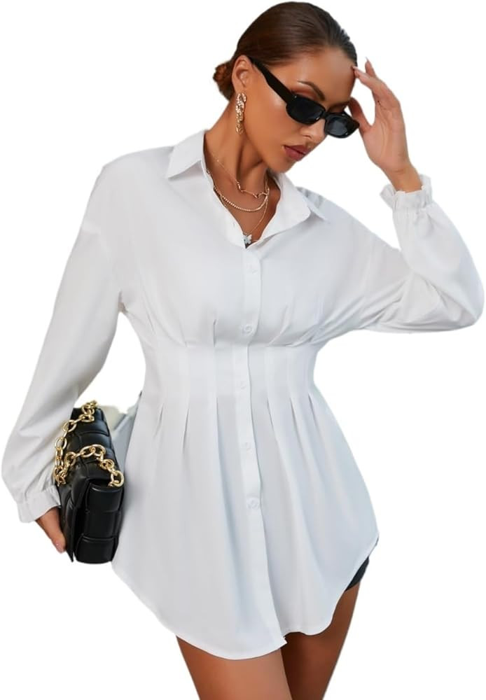 Womens Fashion 2024 Shirts Tops Long Sleeve Drop Shoulder Fold Pleated Shirt Blouse | Amazon (US)