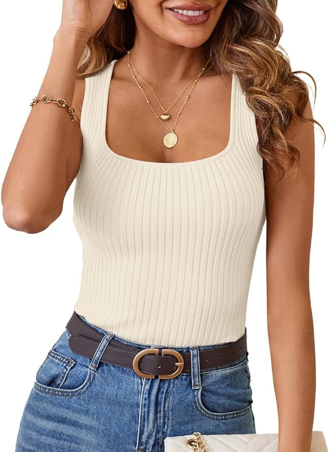 MEROKEETY Women's Ribbed Tank Tops Knit Square Neck Sleeveless Shirts Summer Casual Basic Tanks | Amazon (US)