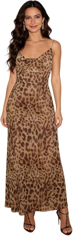 Women's Sexy Sleeveless Tulle Leopard Print Maxi Dress - Elegant Spaghetti Strap Backless Party D... | Amazon (US)