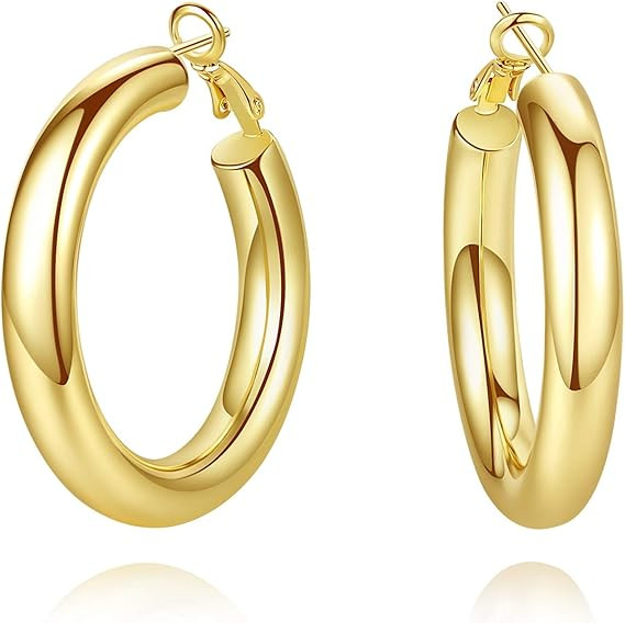 SHOWNII 14k Gold Plated Chunky Tube Hoop Earrings for Women | Amazon (US)
