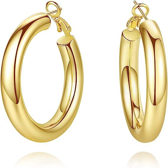 SHOWNII 14k Gold Plated Chunky Tube Hoop Earrings for Women | Amazon (US)