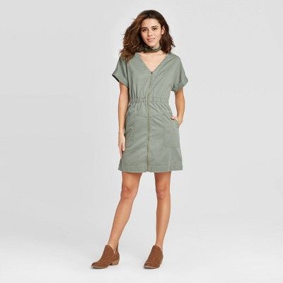 Women's Short Sleeve V-Neck Zip-Up Elastic Waist Dress - Universal Thread™ | Target