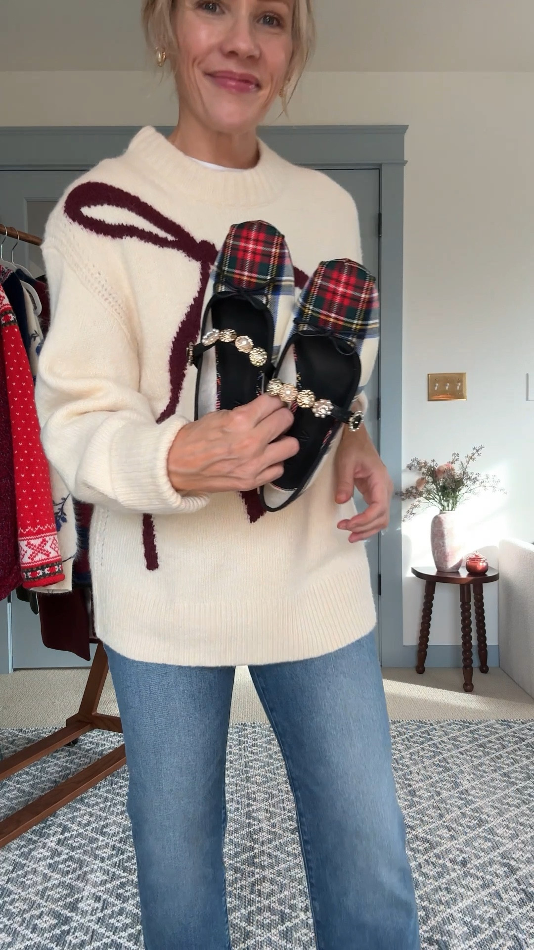 Bow sweater is classic yet adorable, perfectly oversized I’m wearing my regular size small. Holiday plaid flats are true to size and very comfortable (the brown is on major sale right now!) nipped straight leg jeans in my regular size petite length (5’3) white layering tee in a size small ~ xo, Claire 
@jcrew #injcrew #ad @Shop.LTK #liketkit 

#LTKgrwm #LTKHoliday #LTKPetite