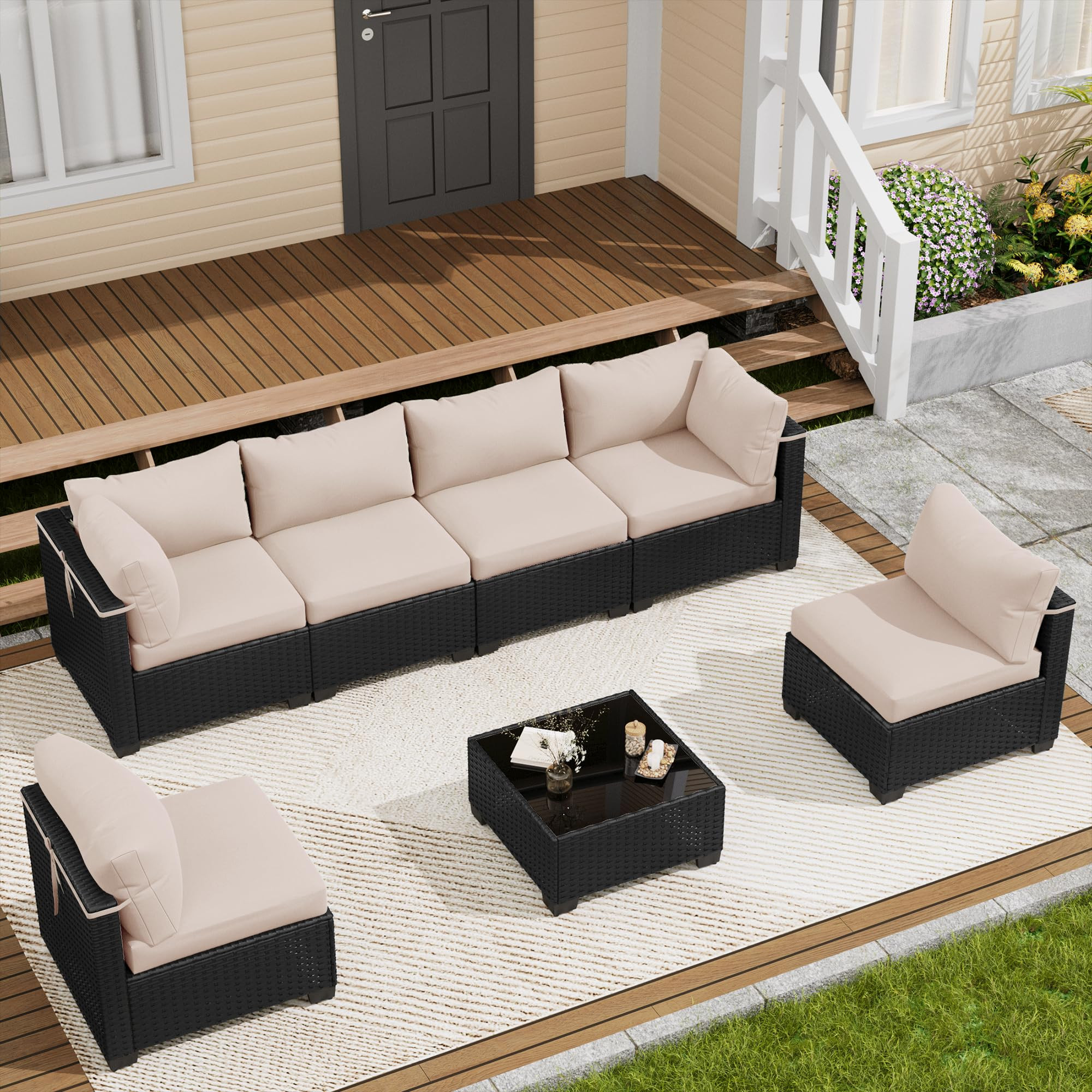 LOUVIXA 7 Piece Outdoor Patio Furniture Set, Outdoor Sectional Sofa, Wicker Rattan Patio Furnitur... | Amazon (US)