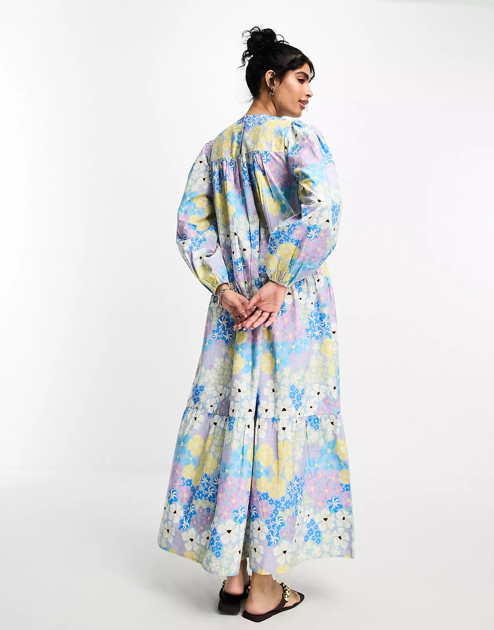 ASOS DESIGN cotton shirred maxi smock dress with puff sleeve in multi floral print | ASOS (Global)