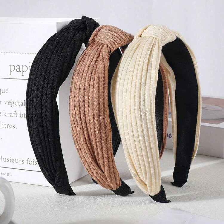 3pcs Girls' Knotted Knit Fabric Hairbands With Solid & Striped Color For Daily Wear | SHEIN