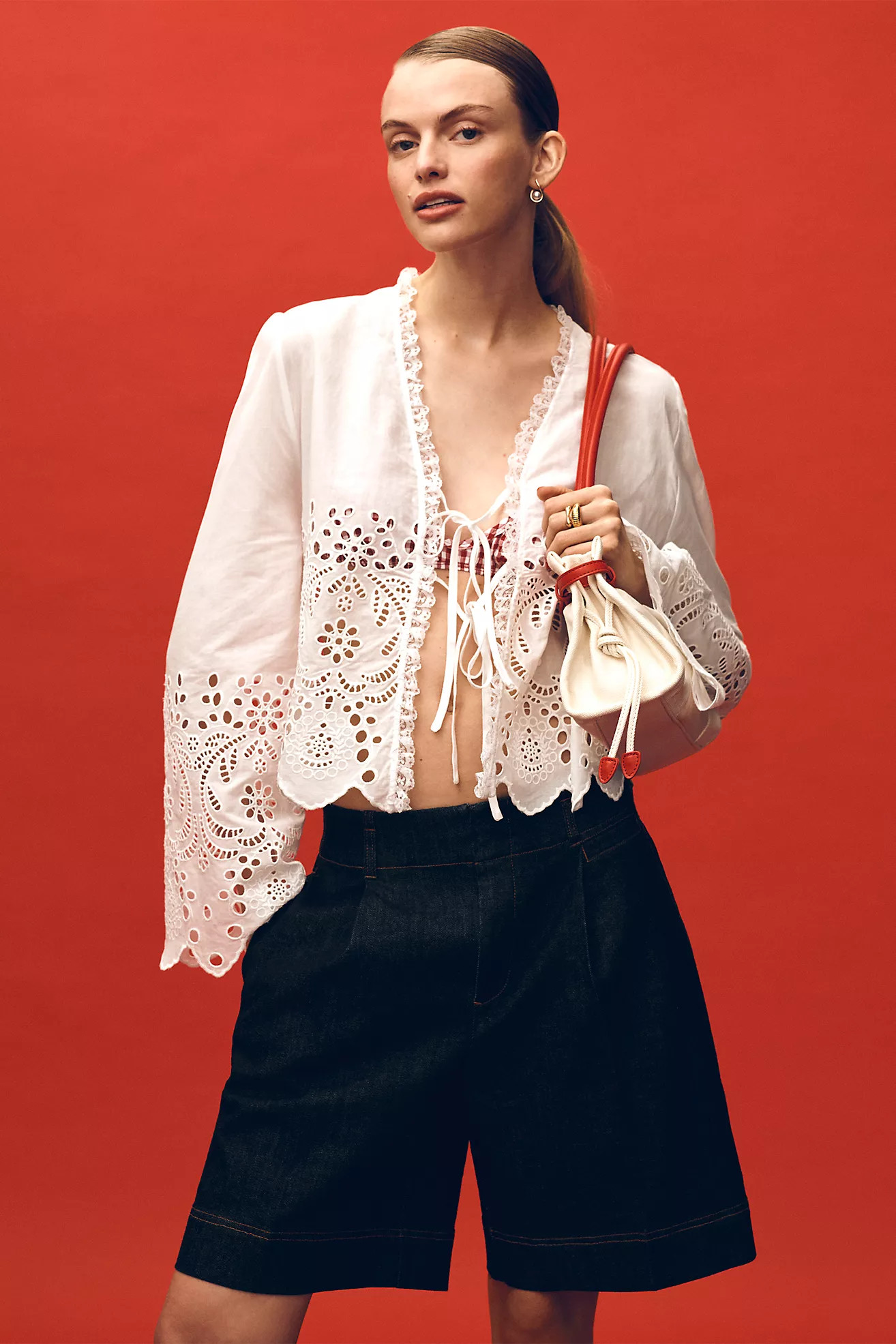 By Anthropologie Eyelet Tie-Front Long-Sleeve Blouse | Anthropologie (US)