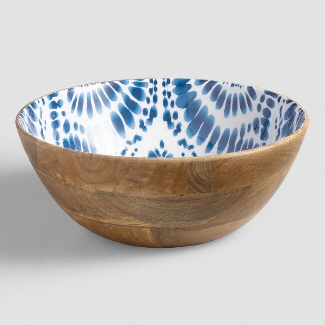 Indigo Blue Tie Dye Enamel Wood Salad Bowl | World Market