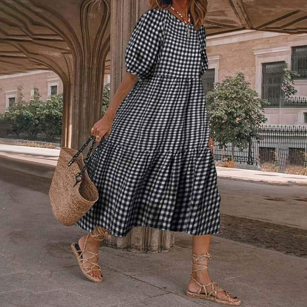 chouyatou Women's Retro Lantern Puff Sleeve Plaid Dress Gingham Swing Tiered Midi Long Dress | Amazon (US)