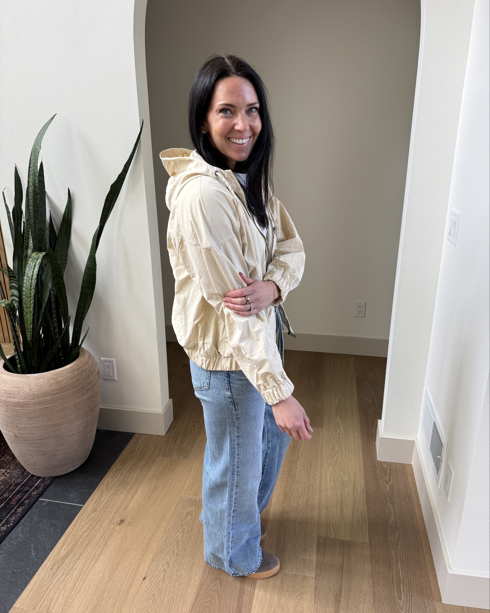 My spring raincoat! Lightweight and awesome for the transition into the warmer weather. All the pockets to keep my things safe and a material that is wipeable #momlife. I went down one size - let them know HERself Podcast referred you! 