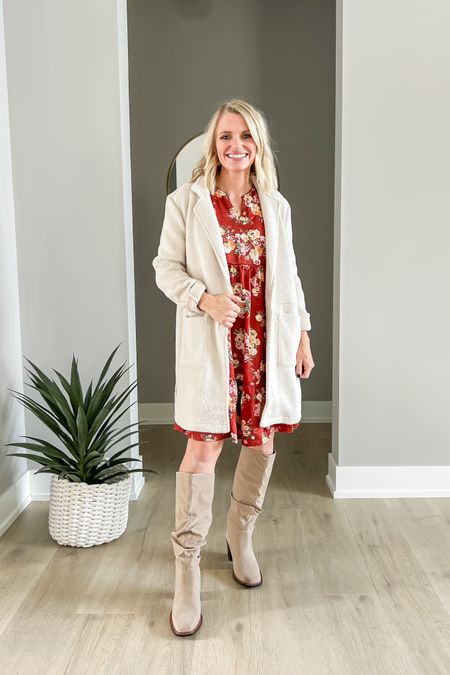 This floral fall dress is perfect for fall! I love how it looks layered with this coatigan over it. Sizing details- dress- xs || coatigan- xs || boots- 7.5 TTS

#LTKfindsunder100 #LTKstyletip #LTKSeasonal