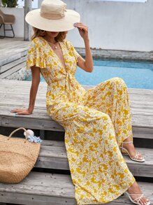 Floral Print Tie Front Butterfly Sleeve Jumpsuit | SHEIN