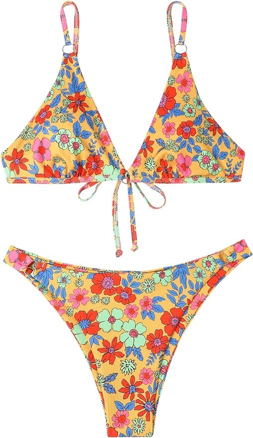 SOLY HUX Women's Floral Print Spaghetti Strap Bikini Bathing Suit 2 Piece Swimsuits | Amazon (US)